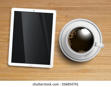 A cup of coffee with a tablet, coffee