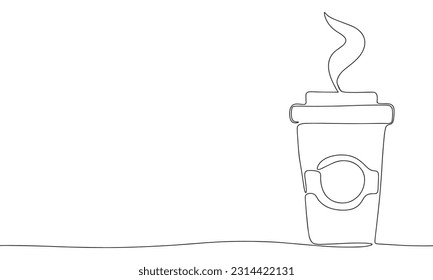 Eine Tasse Kaffee nimmt eine Linie durchgehend weg. Line Art, Umriss einzeln auf weißem Hintergrund. Vektorgrafik.