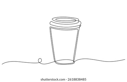 Cup of coffee take away one line continuous. Line art, isolated on white background.