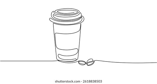 Cup of coffee take away one line continuous. Line art, isolated on white background.