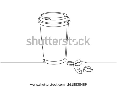 Cup of coffee take away one line continuous. Line art, isolated on white background.