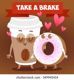 Cup of coffee take on you. Cappuccino, cocoa. Hot drink.  Vector illustration of comic characters donut and cup. 