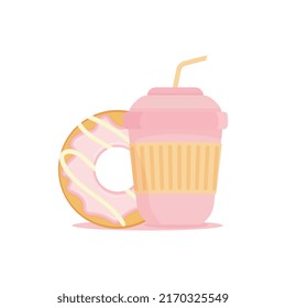 Cup of coffee with tasty donuts isolated on white