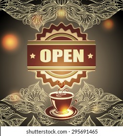 Cup of coffee or tea with badge open and lace on blur background for advertising cafe or package coffee or tea