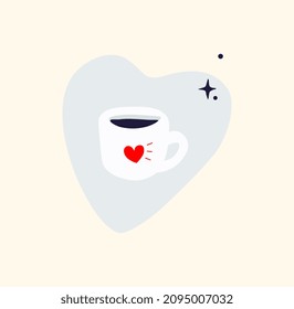 Cup with coffee or tea. Beautiful stickers for restaurants and coffee shops. Graphic elements for site. Hot drink, morning energy. Cartoon flat vector illustrations isolated on beige background