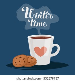 A cup of coffee or tea. Biscuits with chocolate. The cloud of steam with the inscription "Winter time". Vector cartoon illustration. Cozy. Winter. Illustration for greeting cards, prints, books