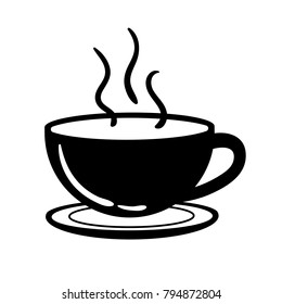 Cup of coffee or tea. Black and white icon of warm mug with steam. Vector illustration isolated on white background