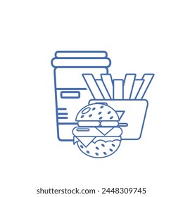 Cup of coffee or tea with burger and potato, line icon, isolated on a white background