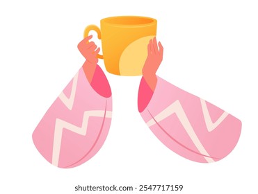 Taza de café o té en la cafetería o en casa. Manos femeninas que sostienen la taza para llevar, bebida para llevar. Bebida caliente de la mañana. Gráfico plano. Ilustración vectorial aislada en el arte del Clip del fondo blanco