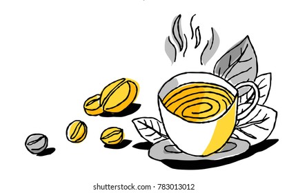 A cup of coffee or tea. Cafe mural design in yellow and black color