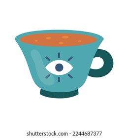 Cup with coffee or tea. Cartoon illustration of a vintage mug with magic eye. Vector design isolated on white background.