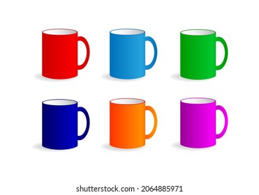 Cup of coffee or tea, ceramic empty mug for drinks set of different colors realistic vector illustrations isolated on white background.