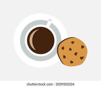 Cup of coffee or tea and chocolate cookie. Vector illustration isolated on white background.