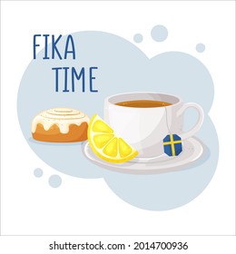 Cup of coffee or tea and Cinnamon roll. Coffee break (fika) concept. Isolated hand drawn vector illustration of cute breakfast food.