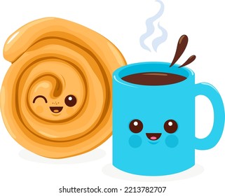 Cup of coffee or tea with cinnamon roll. Cute cartoon characters. Vector illustration.