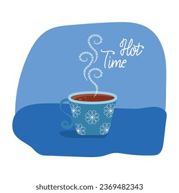 A cup of coffee or tea. A cloud with snowflakes and the inscription Warm Time. Vector illustration. Cozy. Winter. Illustration for greeting cards