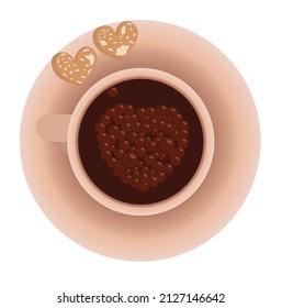 Cup of coffee or tea with cookies. View from above. Hot drink. Kartun. Vector illustration isolated on white background.