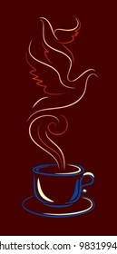 cup of coffee or tea with a couple in the form of birds on brown background