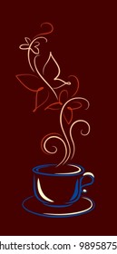 cup of coffee or tea with a couple in the form of butterflies on brown background