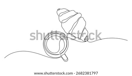 cup of coffee or tea and croissant continuous one line drawing, editable stroke