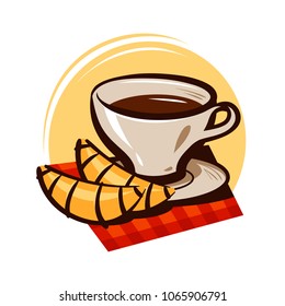 Cup of coffee, tea and croissant. Hot drink, dessert logo or label. Cartoon vector illustration