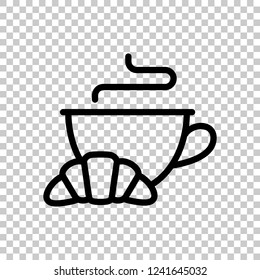 Cup of coffee or tea and croissant. Outline linear icon. Black symbol on transparent background