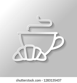 Cup of coffee or tea and croissant. Outline linear icon. Paper style with shadow on gray background