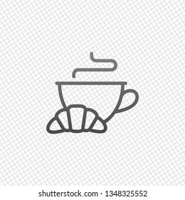 Cup of coffee or tea and croissant. Outline linear icon. On grid background