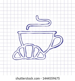 Cup of coffee or tea and croissant. Outline linear icon. Hand drawn picture on paper sheet. Blue ink, outline sketch style. Doodle on checkered background