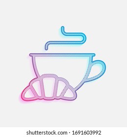 Cup of coffee or tea and croissant. Outline linear icon. Colored logo with diagonal lines and blue-red gradient. Neon graphic, light effect