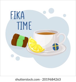 Cup of coffee or tea and dammsugaree. Coffee break fika concept. Isolated hand drawn vector illustration of cute breakfast food.