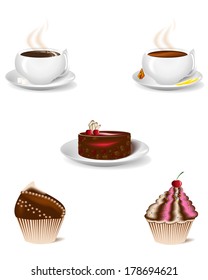 cup of coffee and a cup of tea with a delicious sweet cupcakes