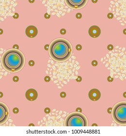 Cup of coffee or tea with dots on background seamless pattern.