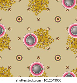 Cup of coffee or tea with dots on background seamless pattern.
