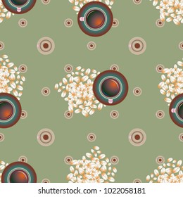 Cup of coffee or tea with dots on background seamless pattern.