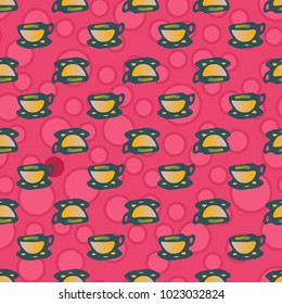 Cup of coffee or tea with dots on background seamless pattern.