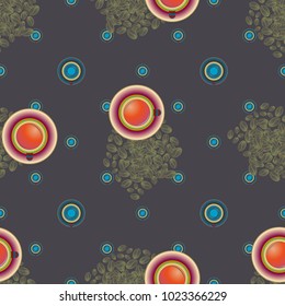 Cup of coffee or tea with dots on background seamless pattern.