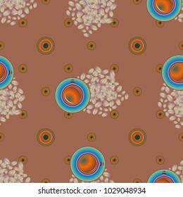 Cup of coffee or tea with dots on background seamless pattern.