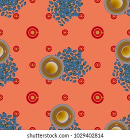Cup of coffee or tea with dots on background seamless pattern.