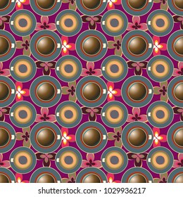 Cup of coffee or tea with dots on background seamless pattern.