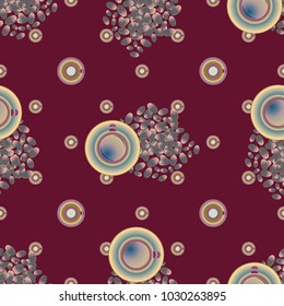 Cup of coffee or tea with dots on background seamless pattern.