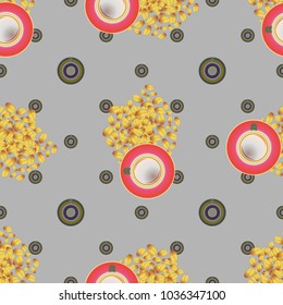 Cup of coffee or tea with dots on background seamless pattern.
