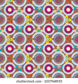 Cup of coffee or tea with dots on background seamless pattern.