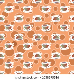 Cup of coffee or tea with dots on background seamless pattern.