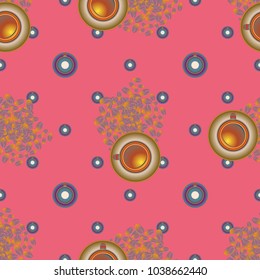 Cup of coffee or tea with dots on background seamless pattern.