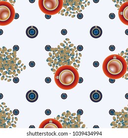 Cup of coffee or tea with dots on background seamless pattern.