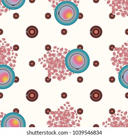Cup of coffee or tea with dots on background seamless pattern.