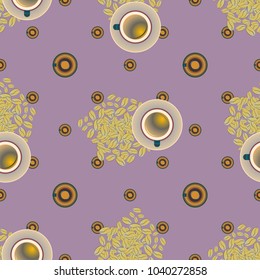 Cup of coffee or tea with dots on background seamless pattern.