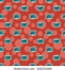 Cup of coffee or tea with dots on background seamless pattern.
