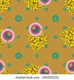 Cup of coffee or tea with dots on background seamless pattern.